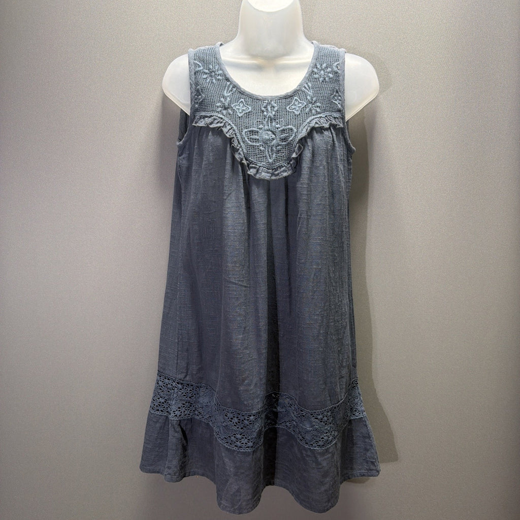 Beautiful Stories ...embroidered Teal 100% cotton dress size XS sleeveless