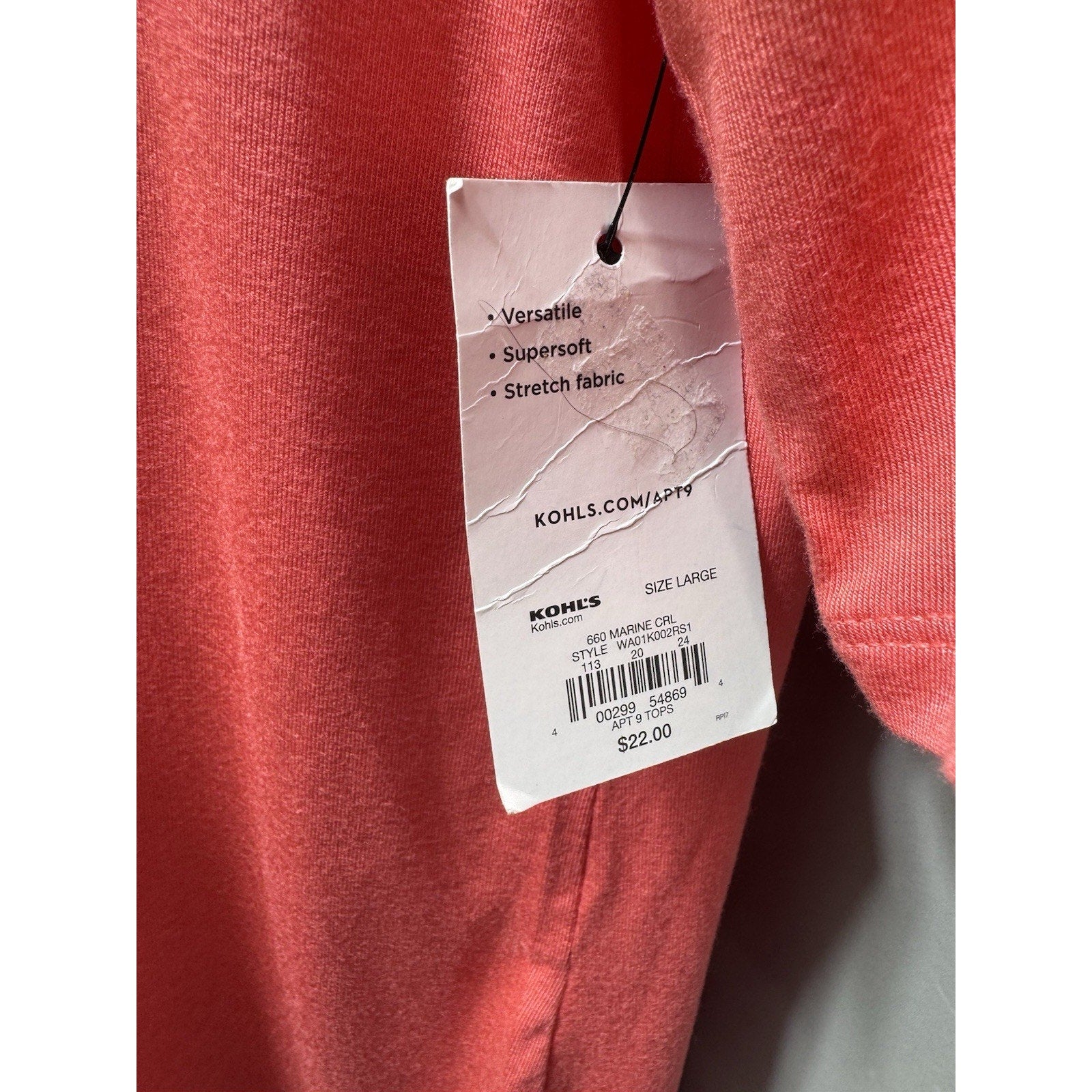 Apt. 9 Coral Elbow Sleeve Oversized Tee Top Women’s Large NEW with Tags