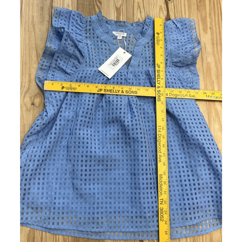 NWT Annie Wear Womens Blue Lined Short Sleeve Blouse Ruffle Sleeve Small