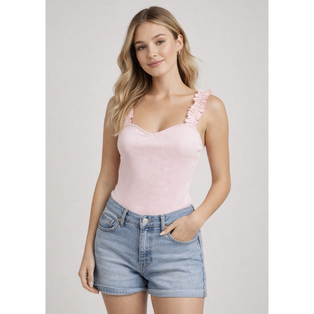 Blue Rain Pink Ribbed Ruffle Strap Bodysuit Women’s Large Sweetheart Neck NWT