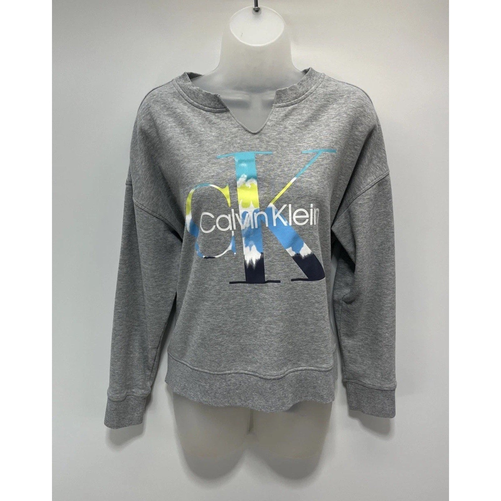 Calvin Klein Womens Heathered Gray Cropped Sweatshirt Size Medium Logo Pullover