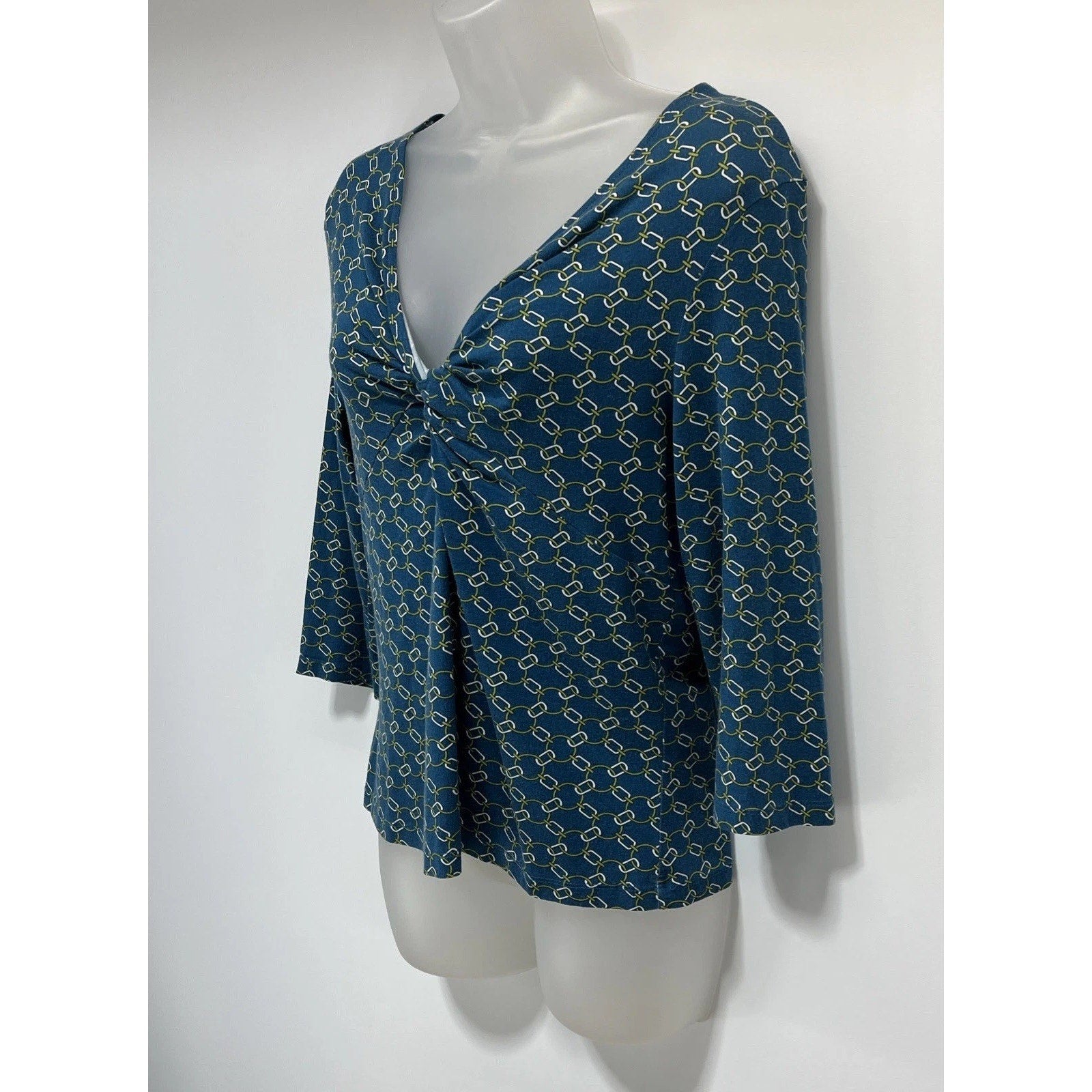 Women's Small Talbots Blue Chain Link Design 3/4 Sleeve Knit Blouse