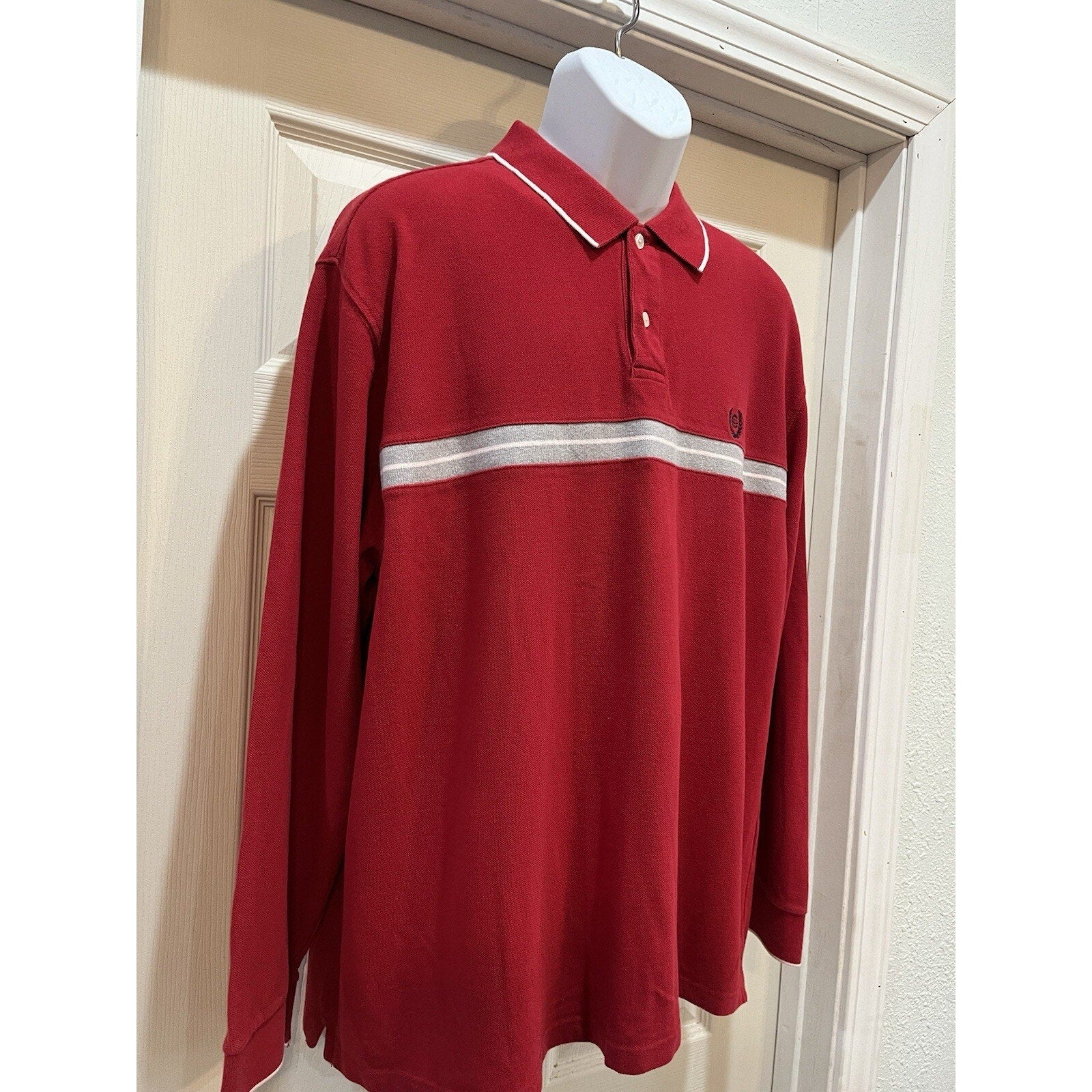 Vintage Chaps Ralph Lauren Red Gray White Stripe Polo Sweater Size XL Long Sleev