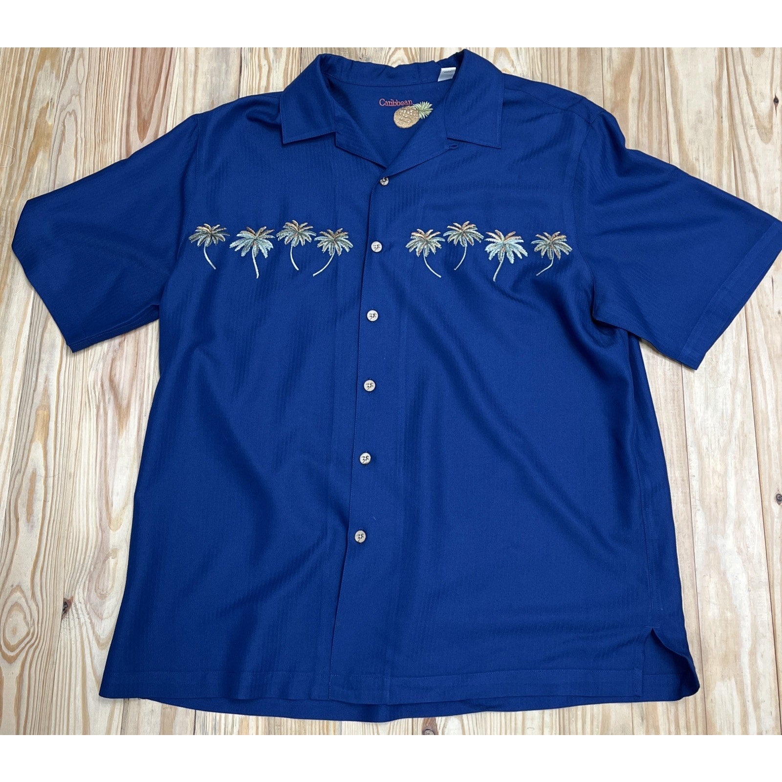 Caribbean Men's Blue Short Sleeve Button Up Tropical Hawaiian Shirt Size Large