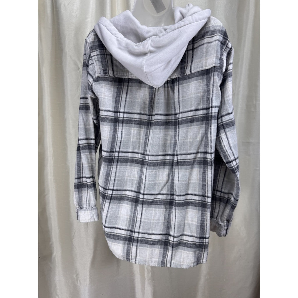 American Eagle Women's Hooded Plaid Button Up Shirt Cream Grey Medium
