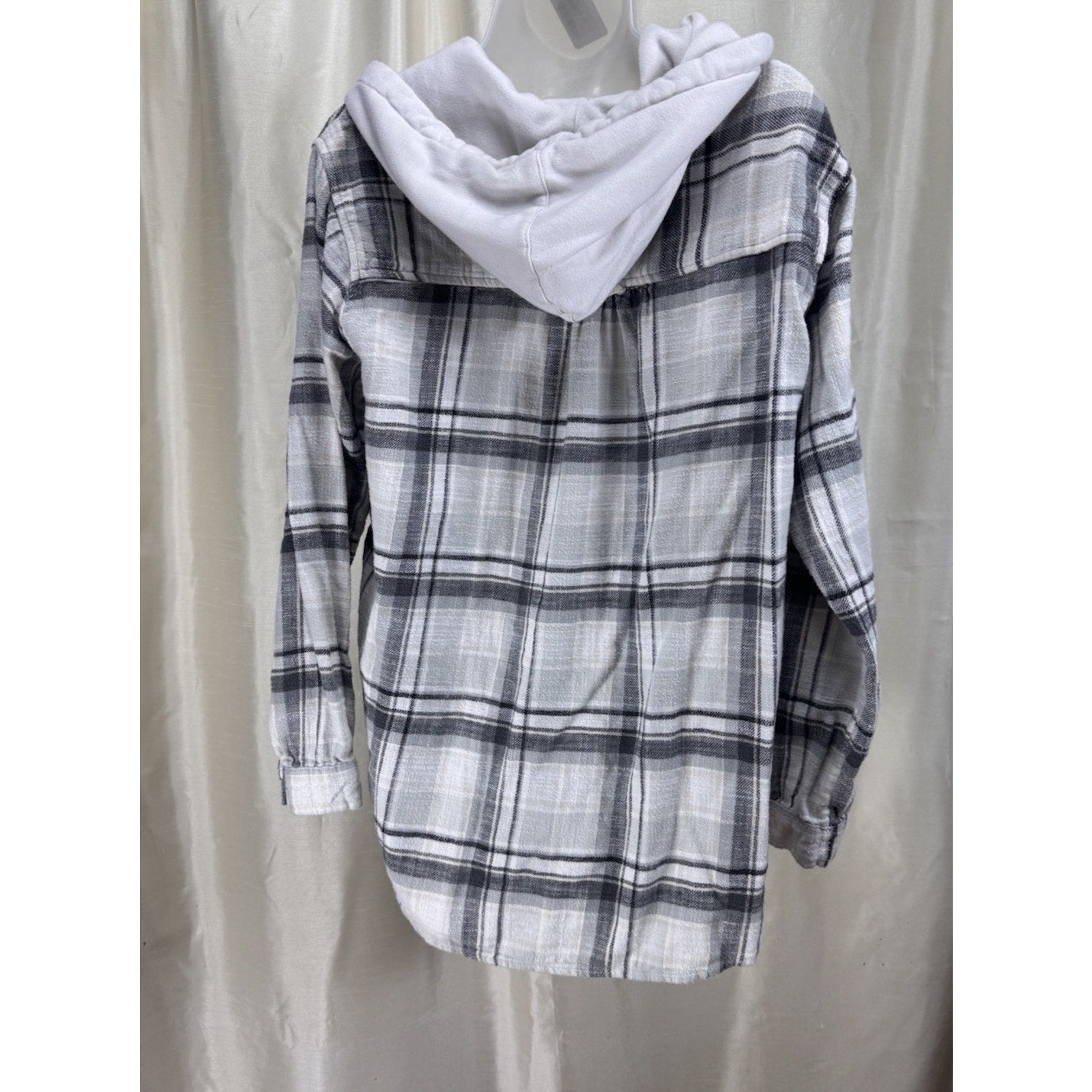 American Eagle Women's Hooded Plaid Button Up Shirt Cream Grey Medium