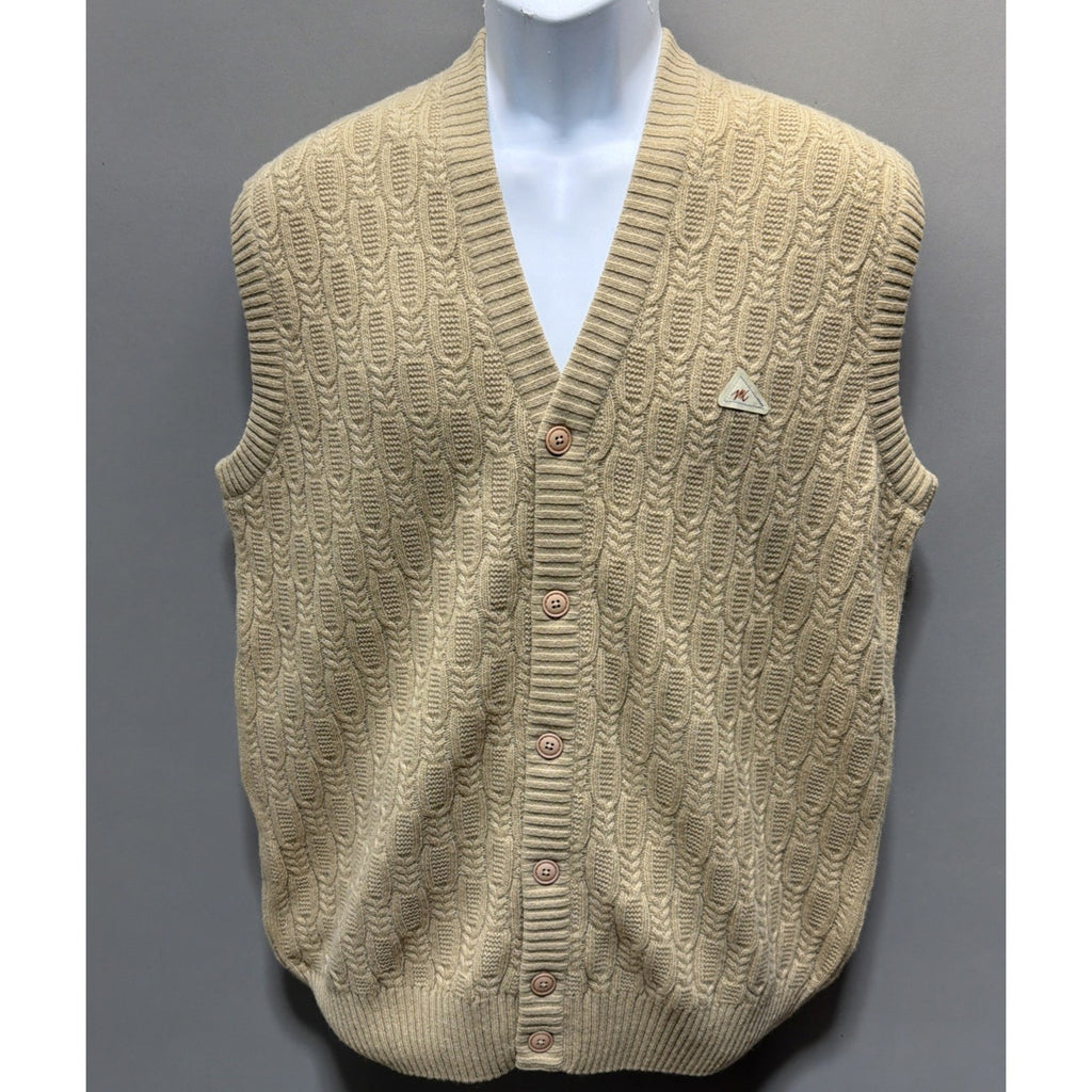 Monte Carlo Men Sz 44 Button Up Brown Lambs Wool Sweater Vest Cable Knit