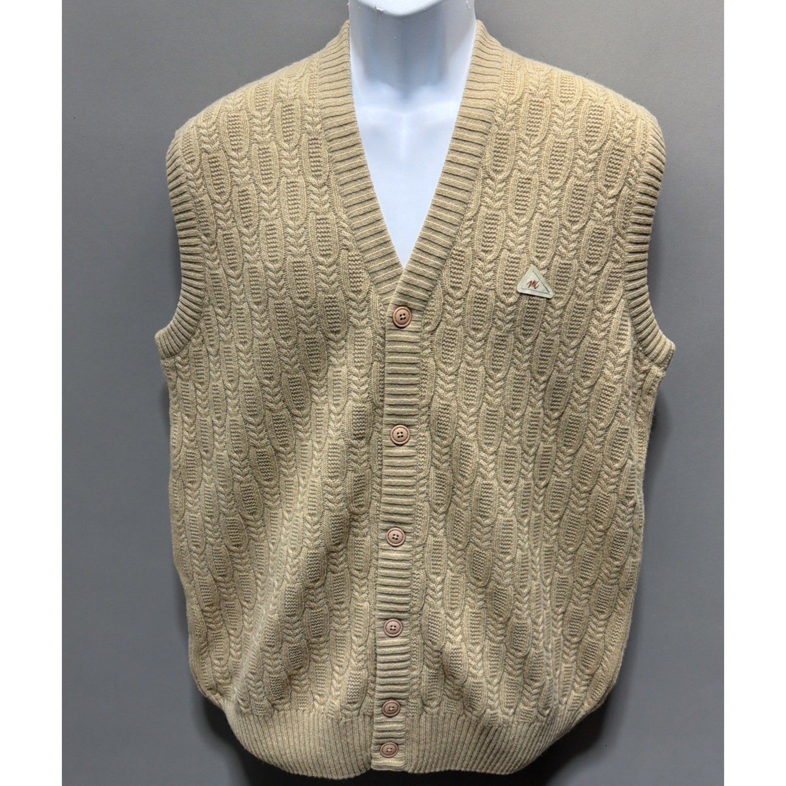 Monte Carlo Men Sz 44 Button Up Brown Lambs Wool Sweater Vest Cable Knit