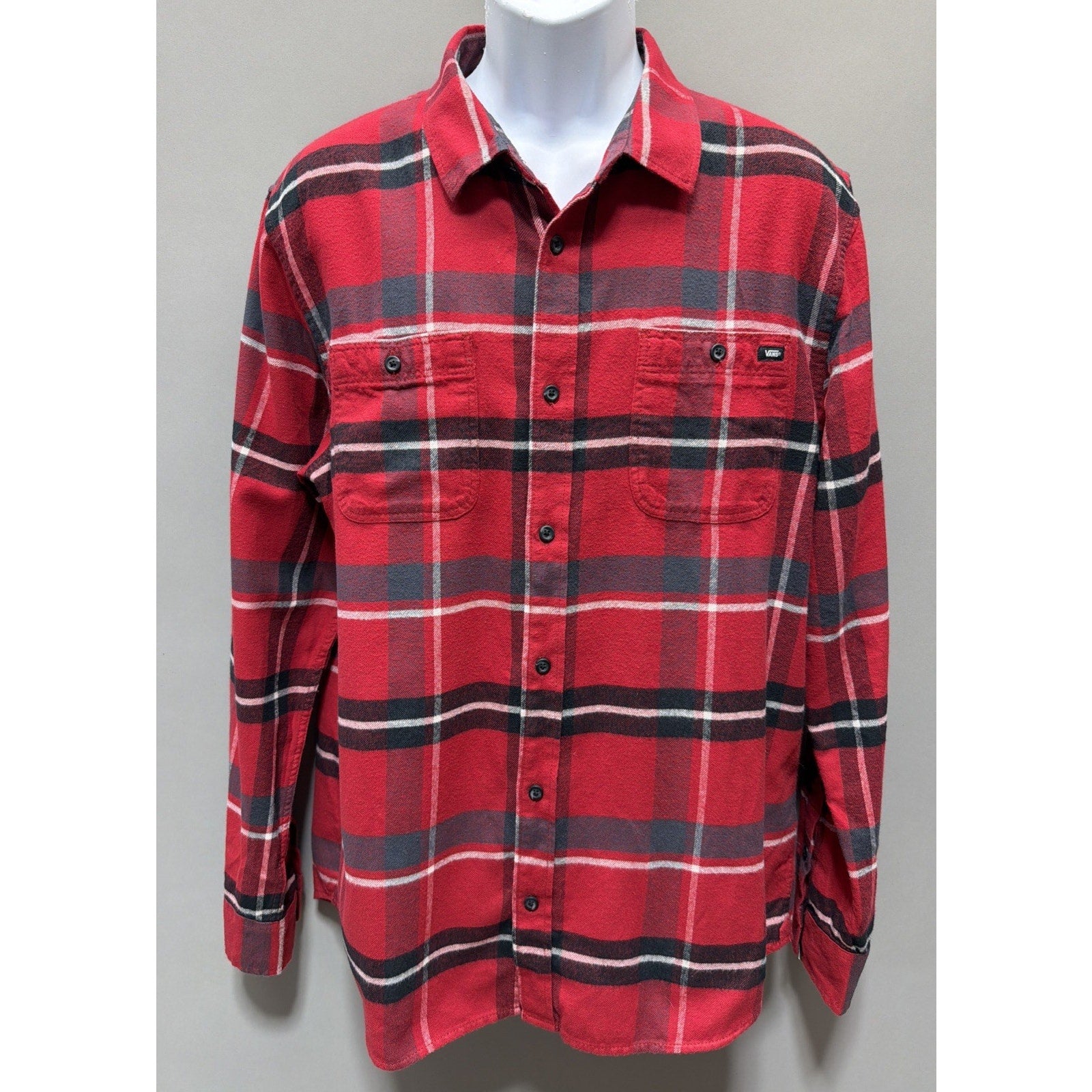 VAns Off The Wall Classic Fit Flannel Shirt Mens XL Red White Plaid Long Sleeve