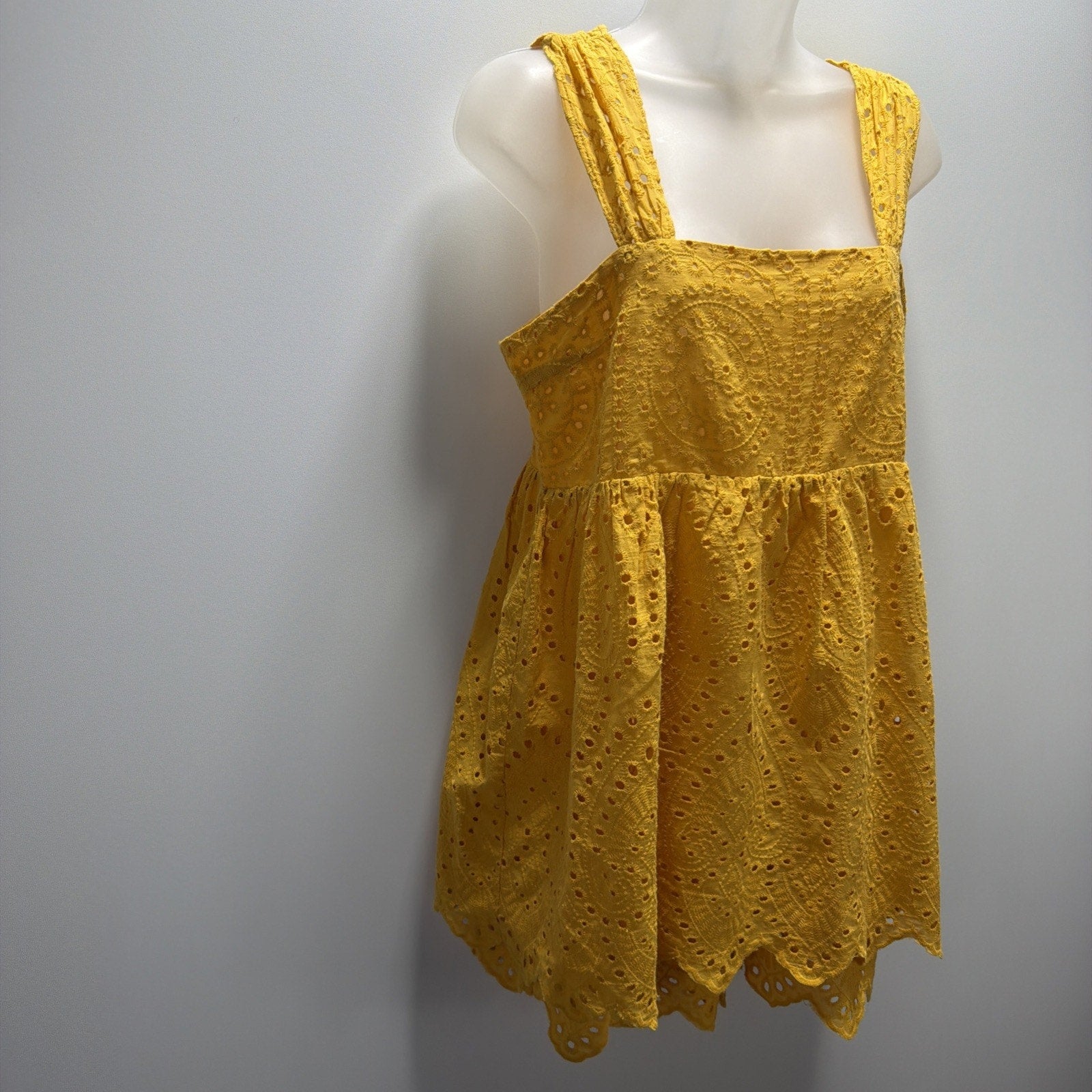 Mustard Yellow Eyelet Top Dress Women Small Boho Cottagecore Babydoll Cotton