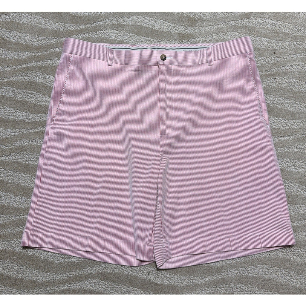 Oxford Golf Pink White Stripe Seersucker Chino Shorts Flat Front Stretch Sz 38
