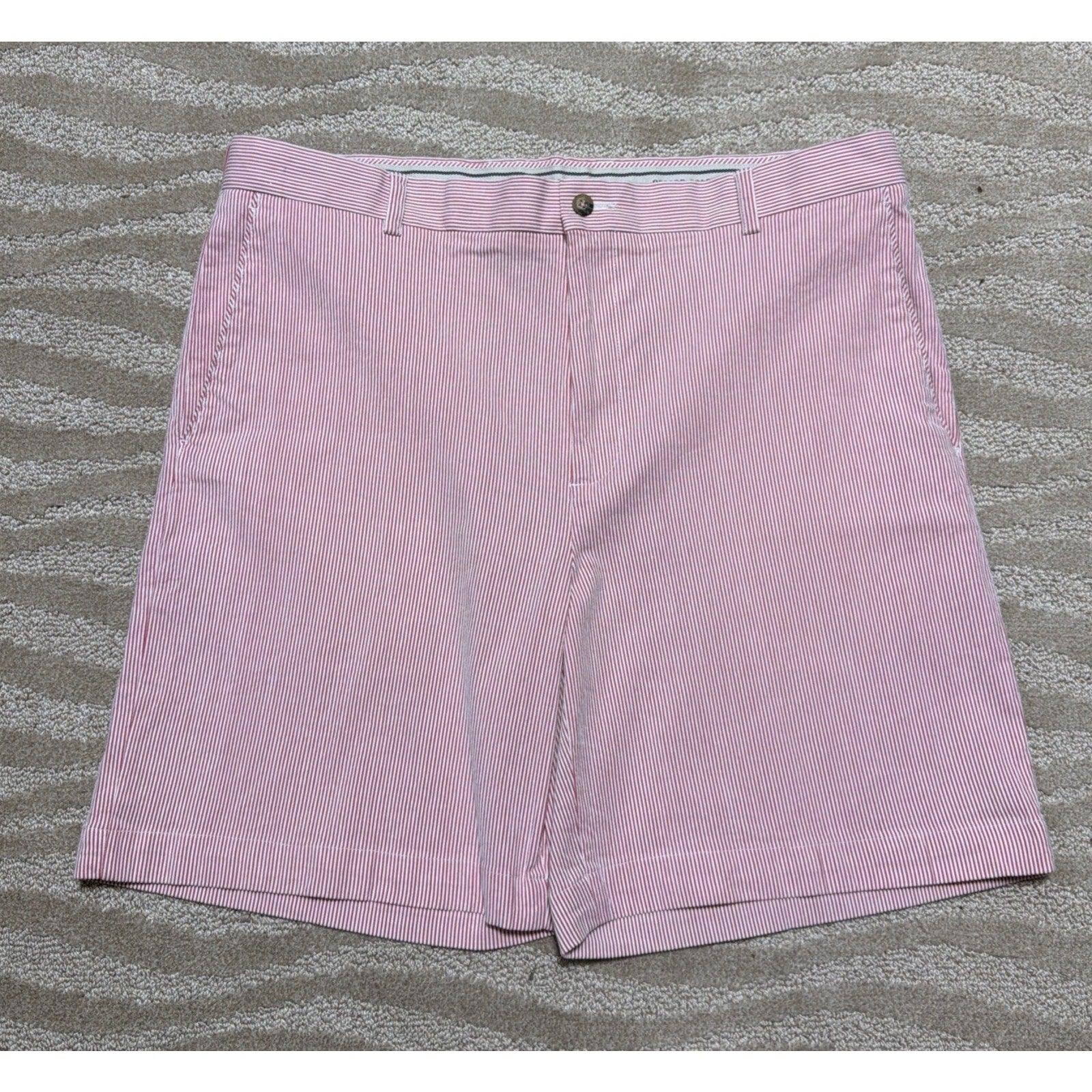 Oxford Golf Pink White Stripe Seersucker Chino Shorts Flat Front Stretch Sz 38