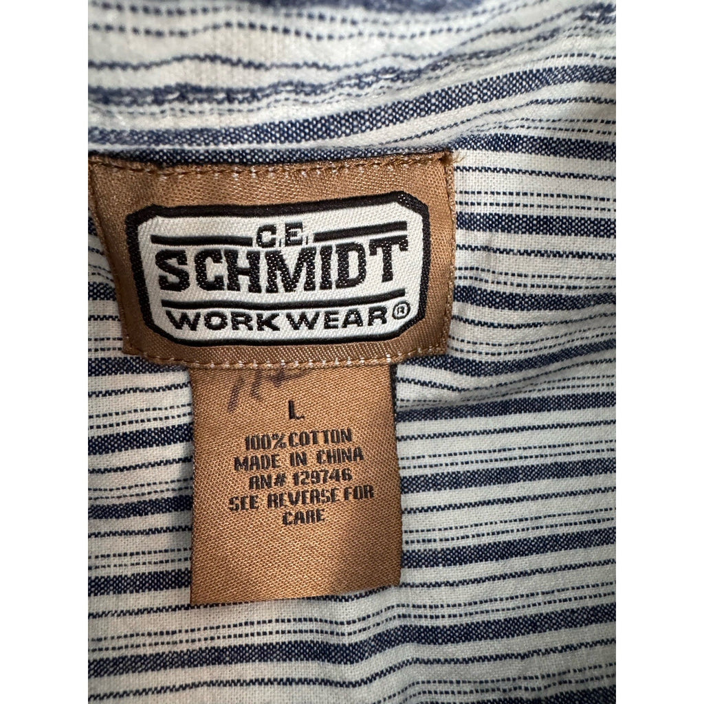 CE Schmidt Workwear Men’s Large Shirt Button Up Long Sleeve Blue White Stripe