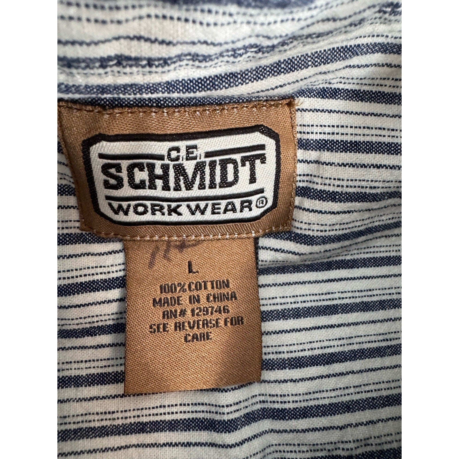 CE Schmidt Workwear Men’s Large Shirt Button Up Long Sleeve Blue White Stripe