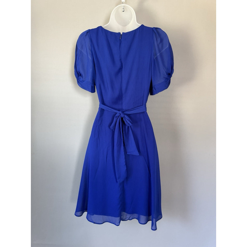 DKNY Blue Chiffon Wrap Dress Womens Size 2 Puff Sleeve Belted V Neck NWT $129