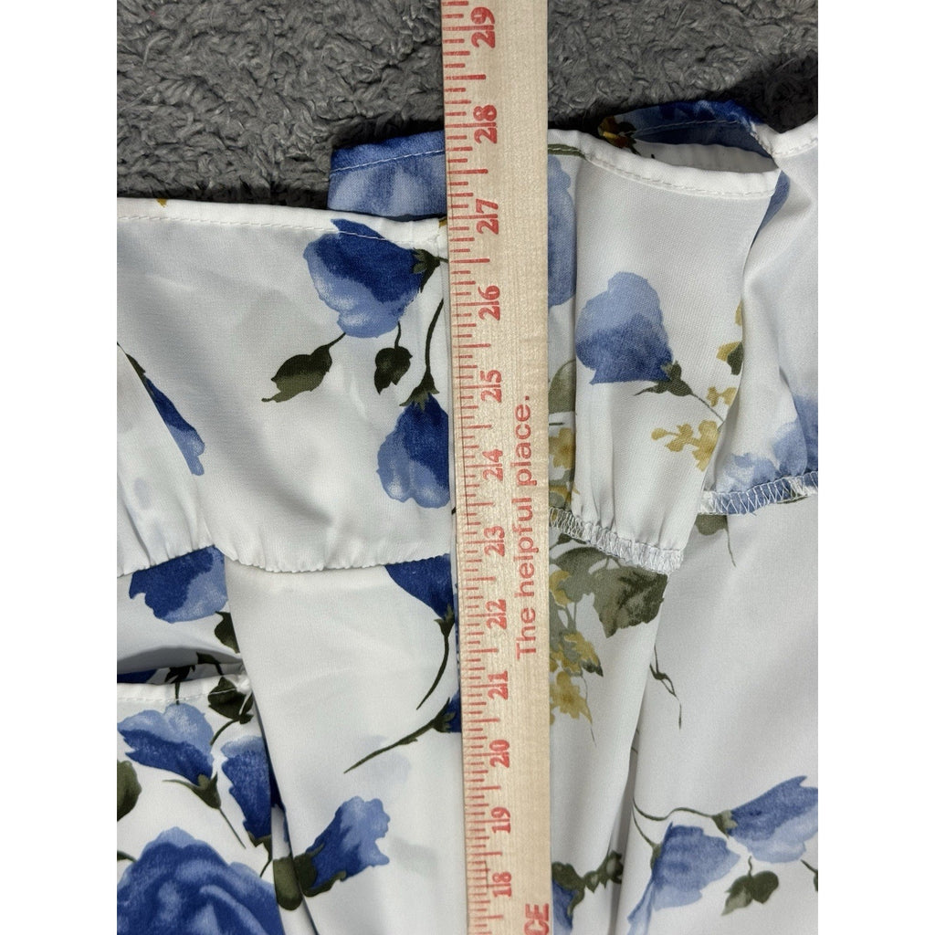 Les Amis Women’s Large Floral Kimono Cardigan White Blue Roses Peplum Ruffle USA