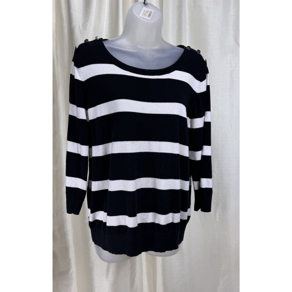Ann Tayler Loft Women's Sweater, Black and White Striped, Size XL Button Accent