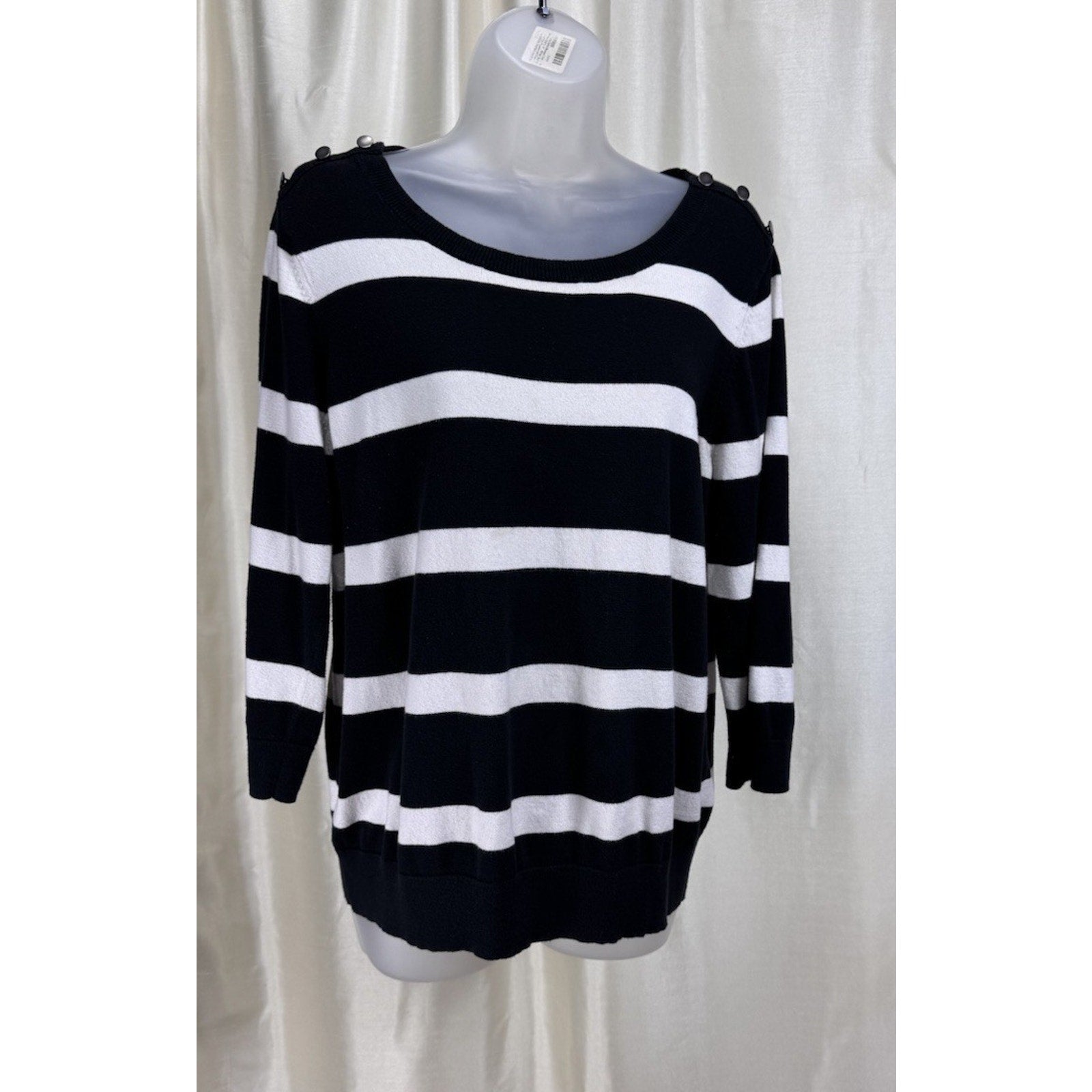 Ann Tayler Loft Women's Sweater, Black and White Striped, Size XL Button Accent