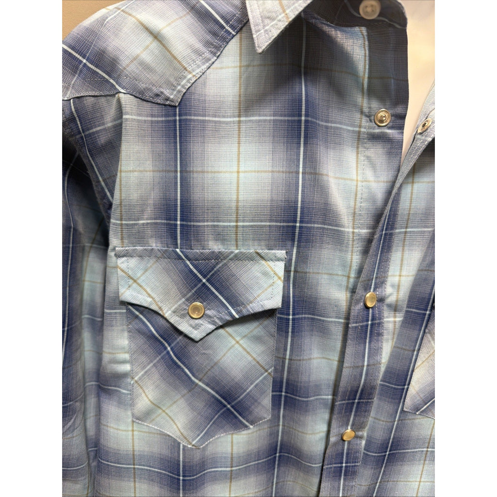 High Noon Western Shirt Mens Large Tall Blue Plaid Pearl Snap Long Sleeve