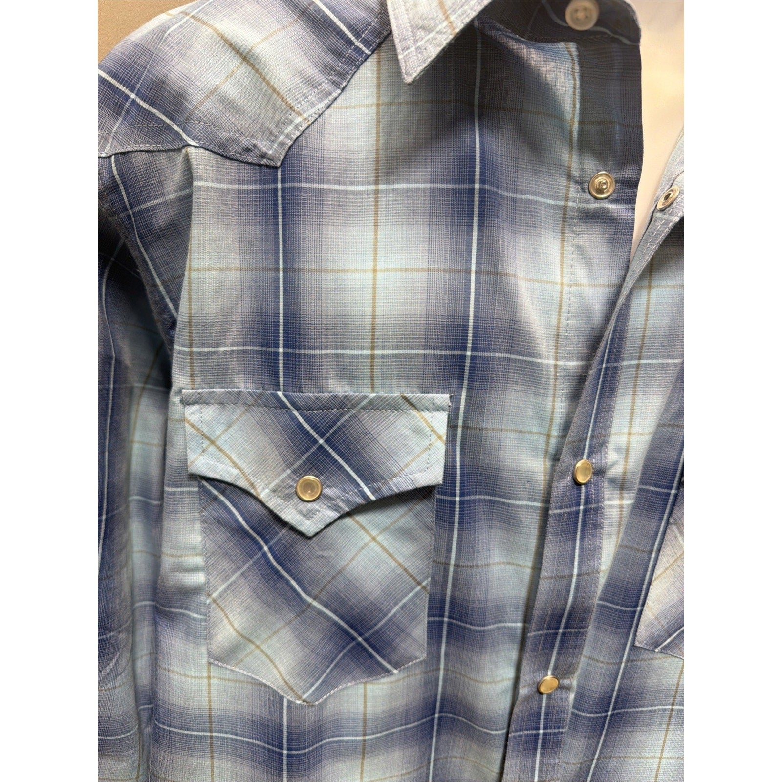 High Noon Western Shirt Mens Large Tall Blue Plaid Pearl Snap Long Sleeve
