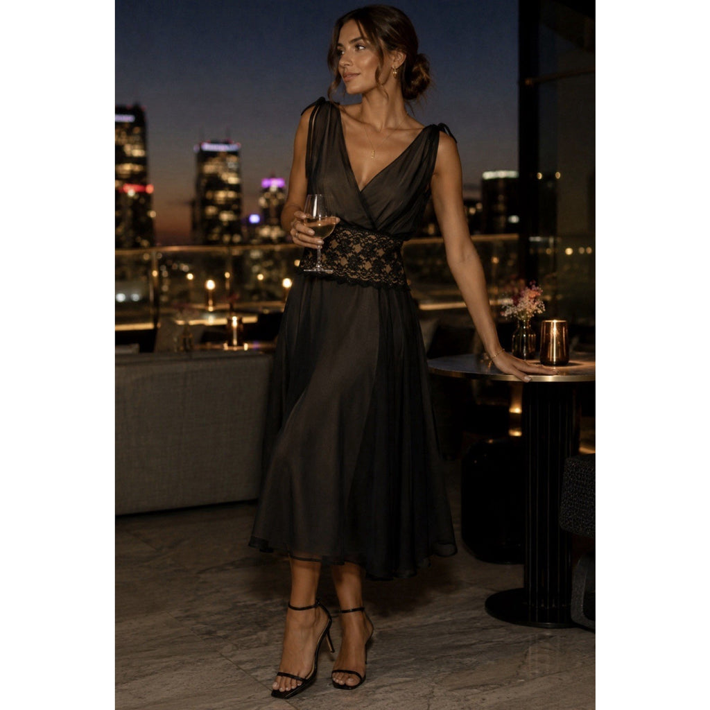 Connected Apparel Black Sleeveless Empire Waist Lace Insert Dress Size 12
