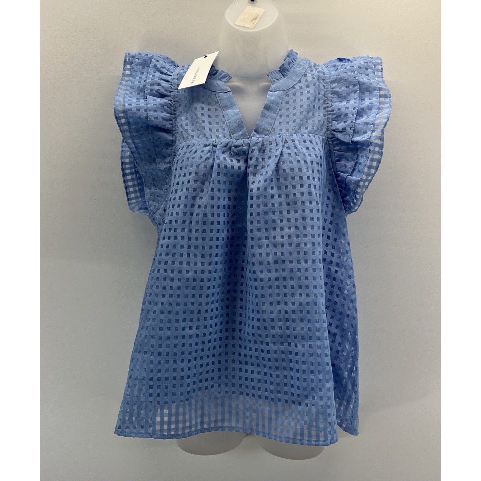 NWT Annie Wear Womens Blue Lined Short Sleeve Blouse Ruffle Sleeve Small