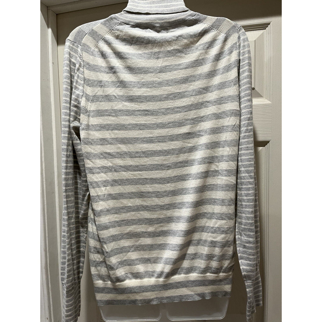 Banana Republic Cotton & Cashmere White Gray Striped Turtleneck Sweater L