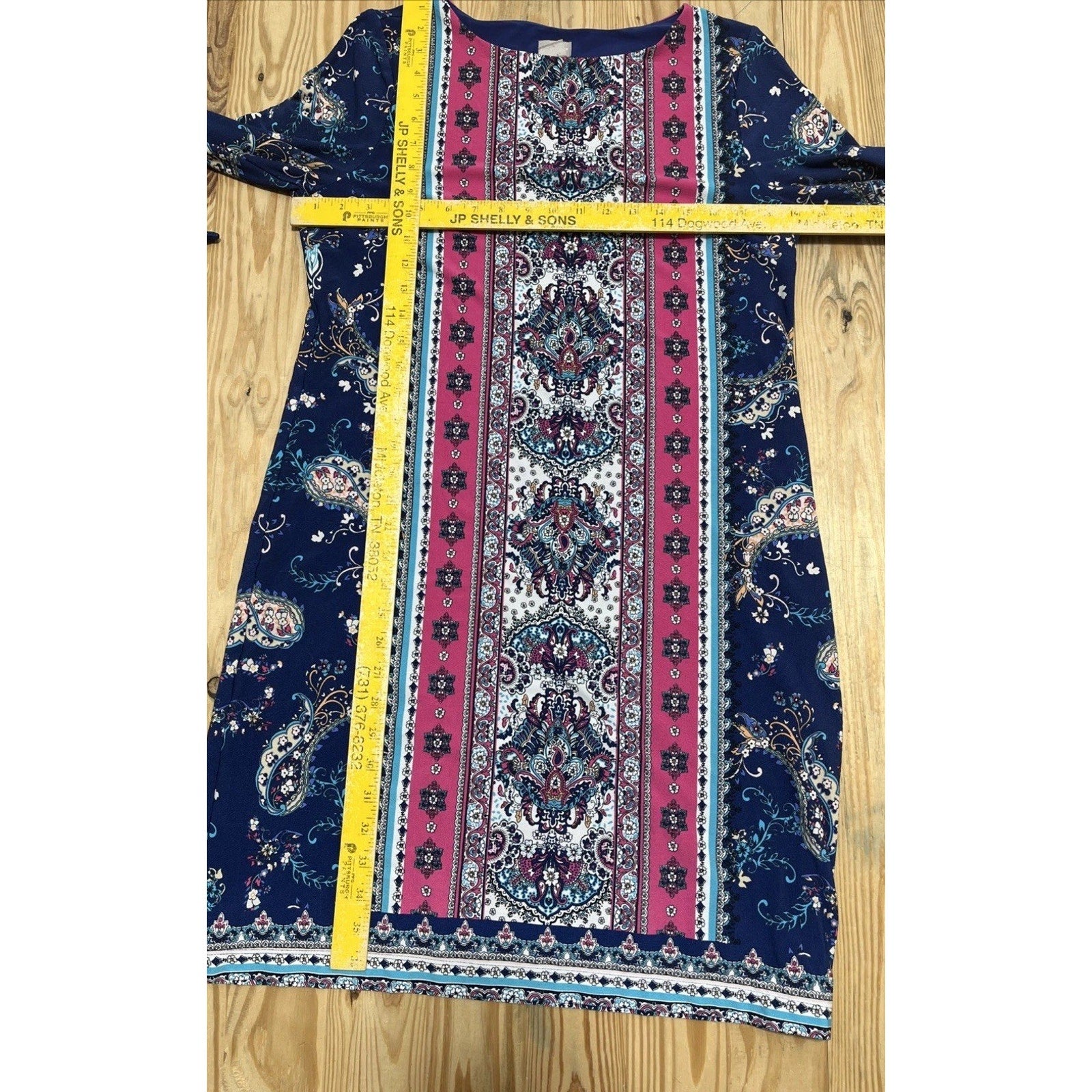 Chico’s Medallion Print Tie 3/4 Sleeve Lined Stretch Dress Size 1 (US Size 8)