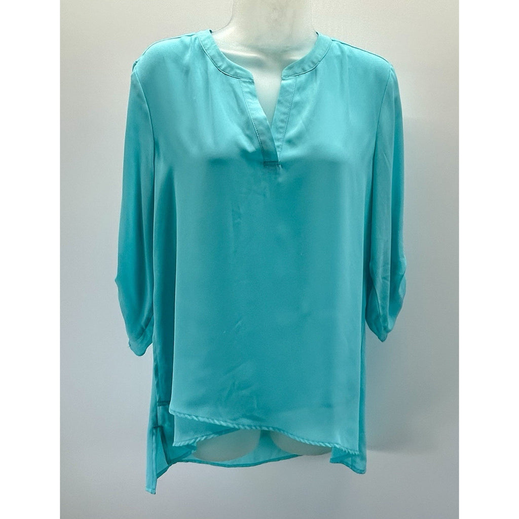 CHICO'S Size 0 Small Womens Teal Split Neck Long Sleeve Sheer Blouse .