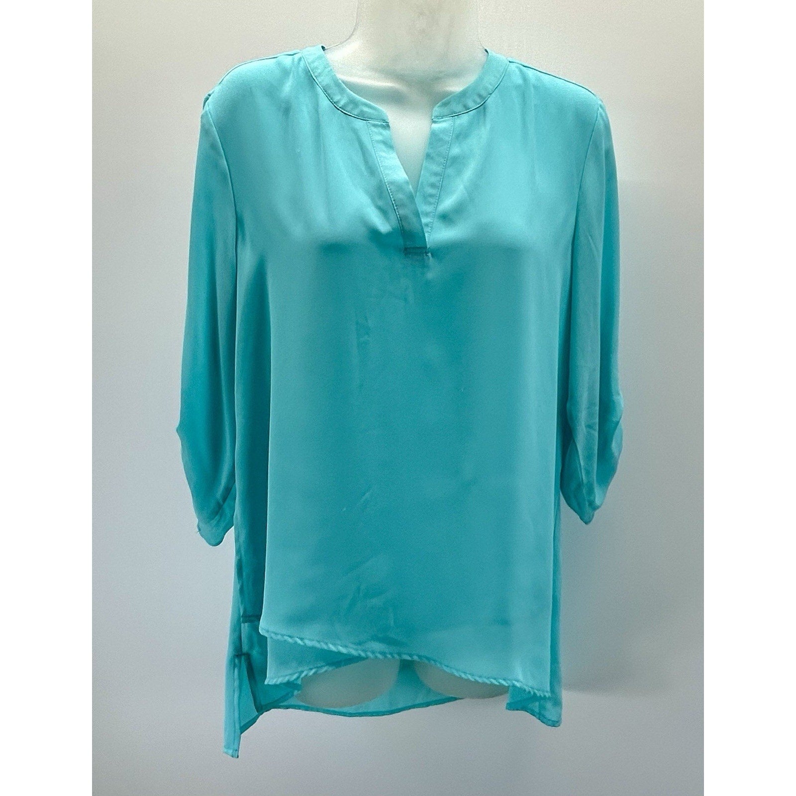 CHICO'S Size 0 Small Womens Teal Split Neck Long Sleeve Sheer Blouse .