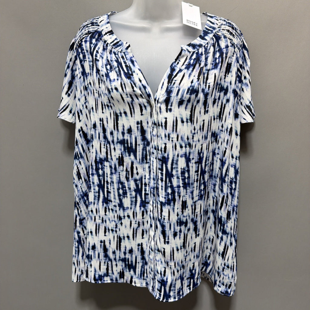 Rose+Olive Button Front Top Womens 1X Plus Size Blue Tie Dye Abstract NWT Career