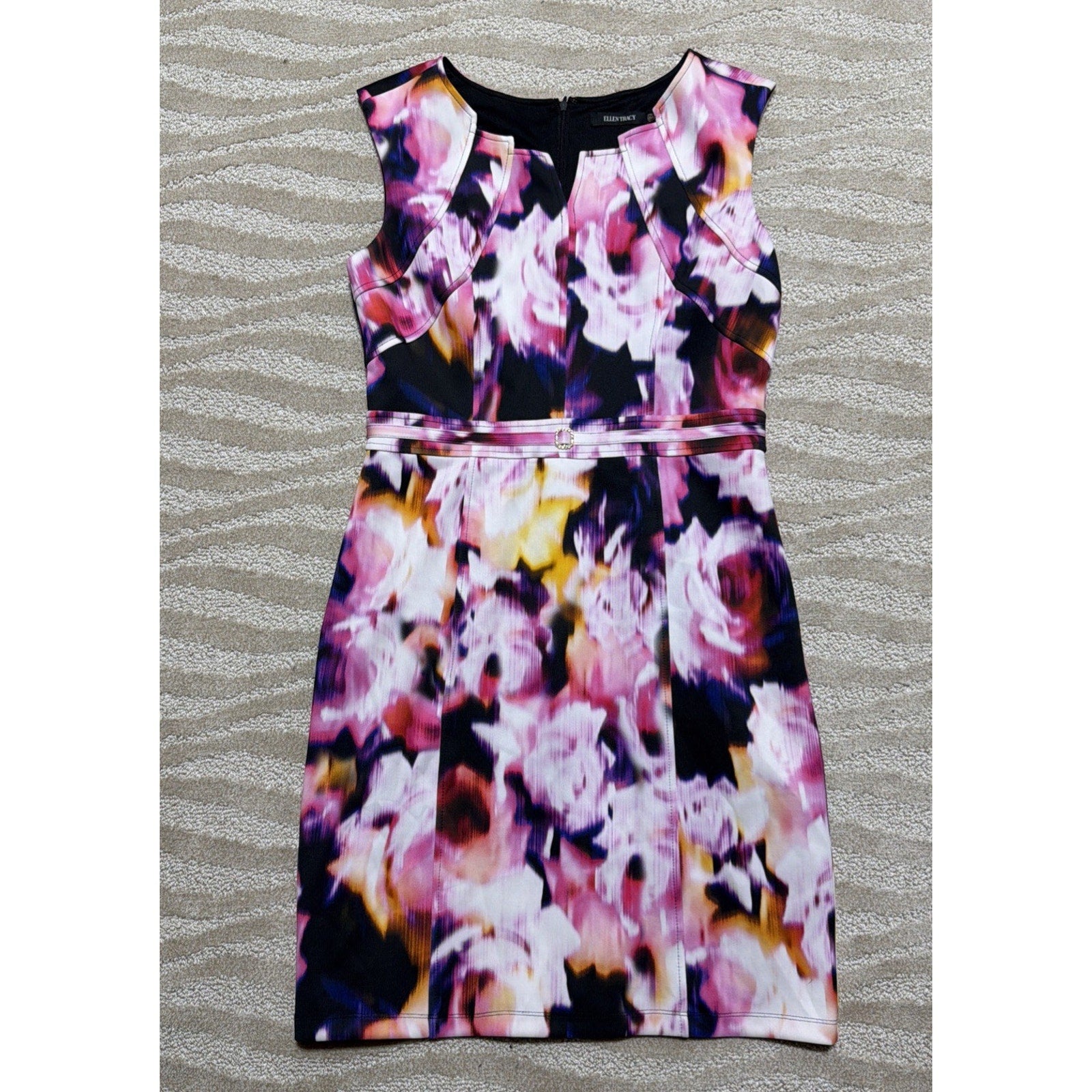 Ellen Tracy Abstract Floral Cap Sleeve Sheath Dress 10 Multicolor Stretch Lined