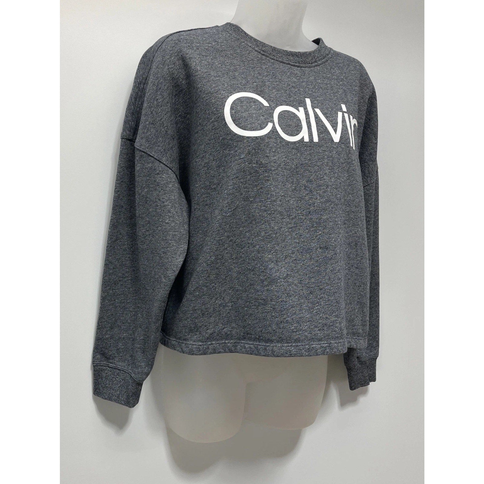 Calvin Klein Cropped Sweatshirt Womens M Gray Fleece Lined Oversized Pullover