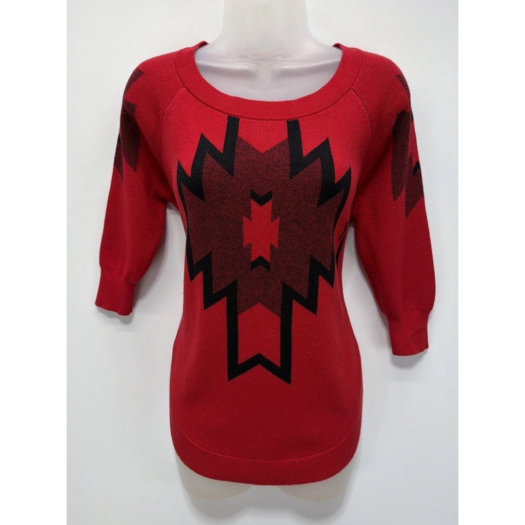 Express Women’s Sweater Size XS Red Aztec Geometric 3/4 Sleeve Warm