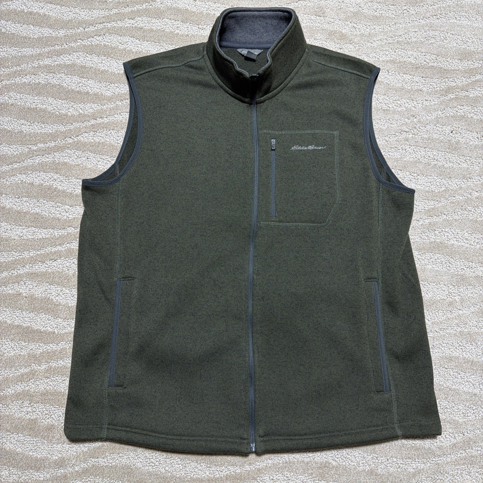 Eddie Bauer Vest Mens XL Green Fleece Full Zip Pockets Hiking Outdoor Layering