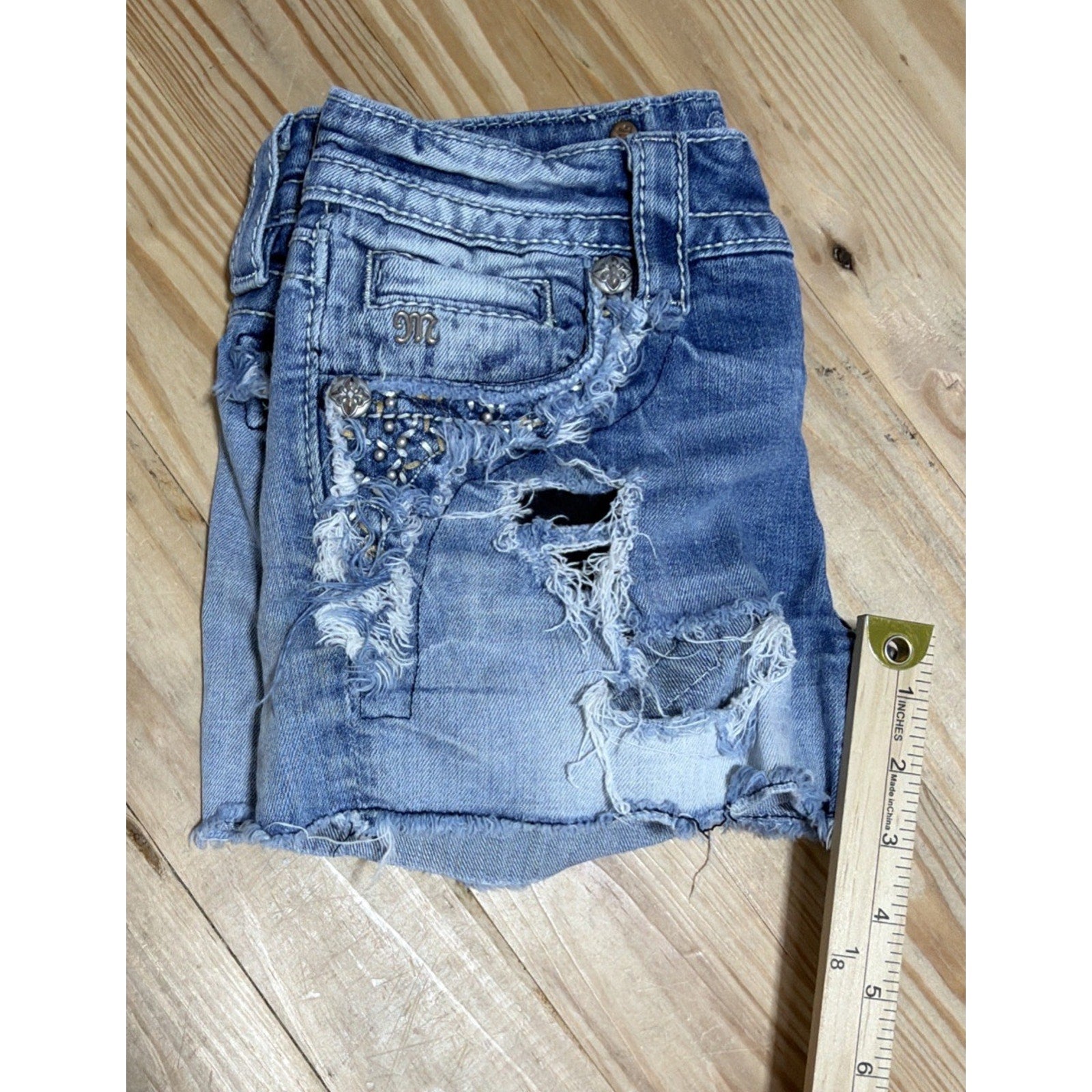MISS ME Mid-Rise Cut Off Distressed Denim Rhinestones 5 Pocket Flap Shorts 25