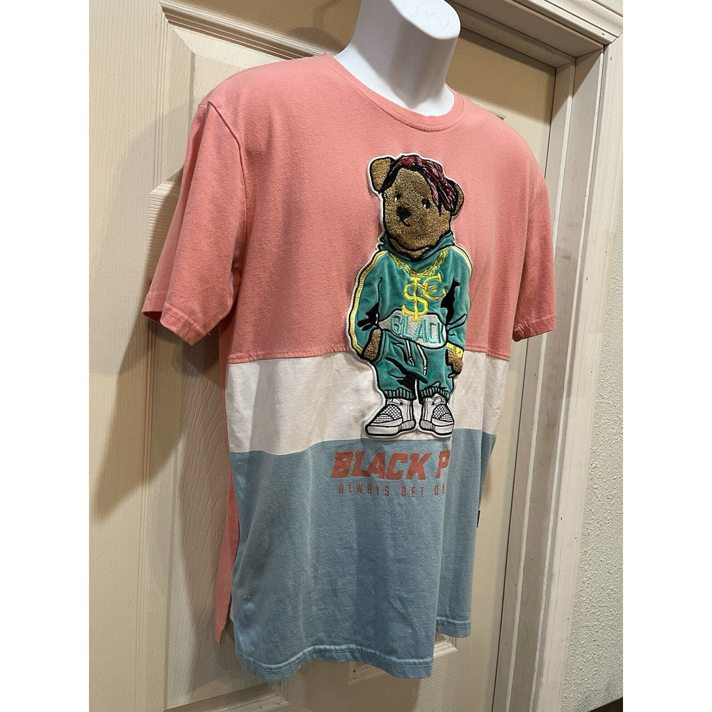 Black Pike Always Bet on Black Teddy Bear Gray Pink Color Block T-Shirt Men's L