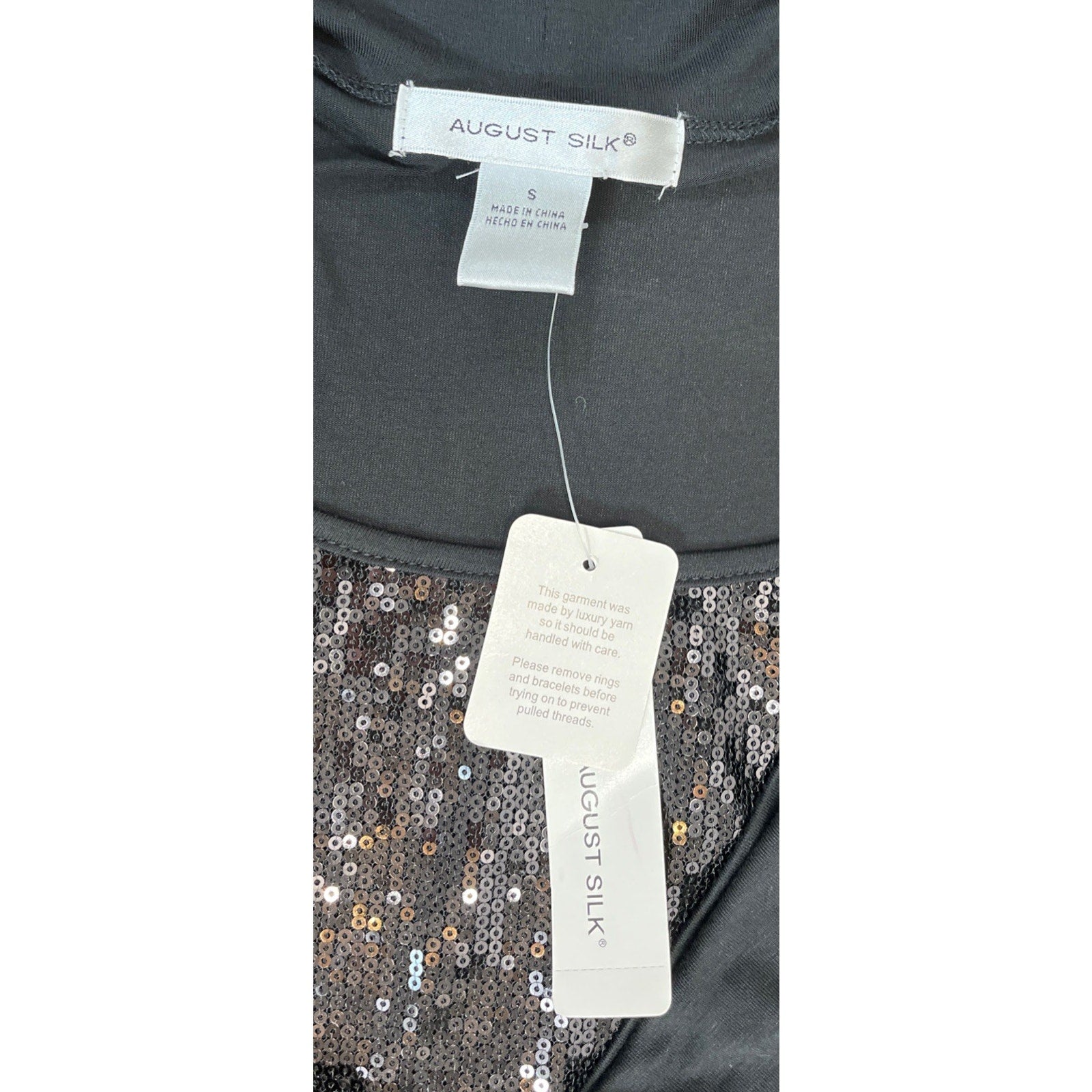 NWT August Silk Top Black Sequin Pullover Round Neck Short Sleeve Size S