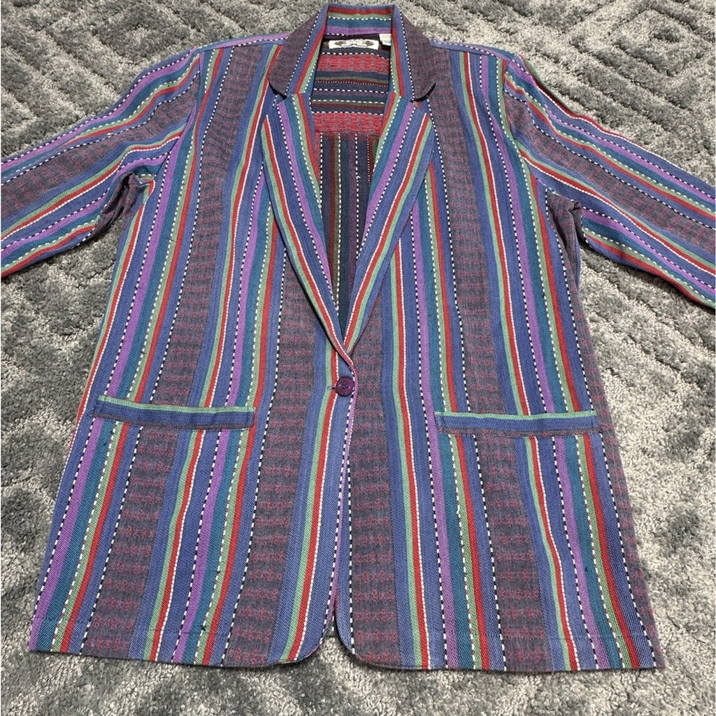ANGELIQUE Blue Striped Blazer Jacket Shoulder Pads Women’s Size M Vintage 90's