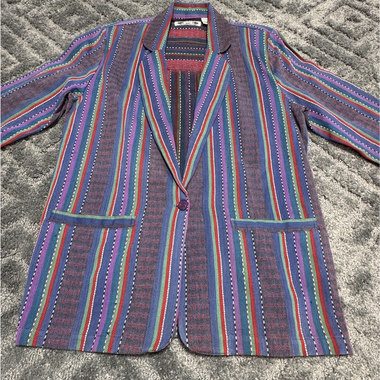 ANGELIQUE Blue Striped Blazer Jacket Shoulder Pads Women’s Size M Vintage 90's