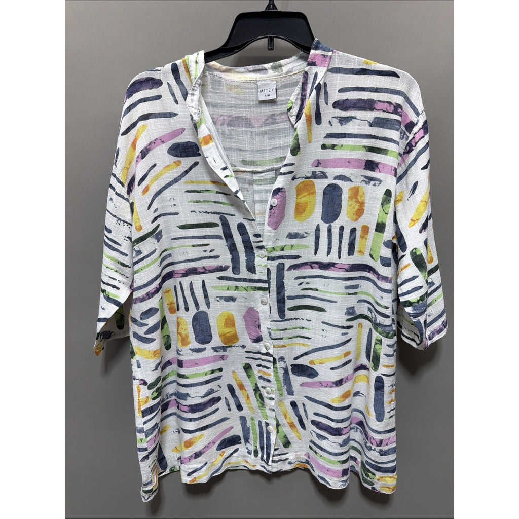 Mitzy Sz S/M White Multi Oversized Artsy Tropical Blouse Shirt Top