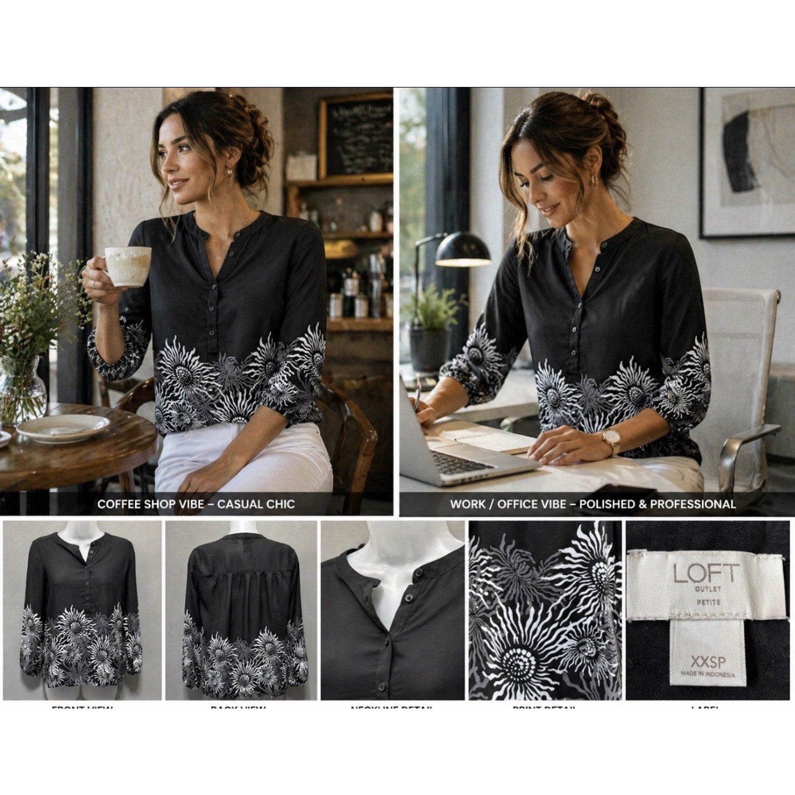 LOFT Outlet Petite XXSP Black White Floral Blouse 3/4 Sleeve Lightweight Boho