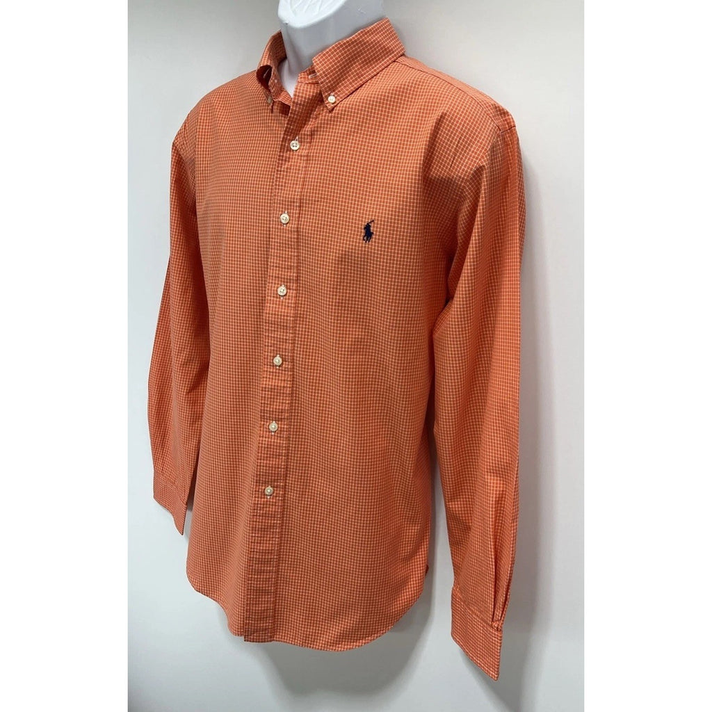 Ralph Lauren Classic Fit Orange Gingham Plaid L/S Button Shirt 100% Cotton Sz L