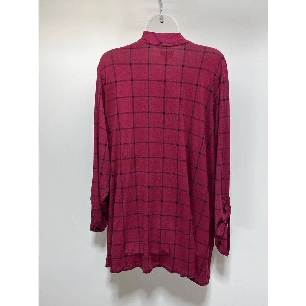 Kim Rogers Women Fuschia Check Roll Tab Sleeve Cardigan Size 1X