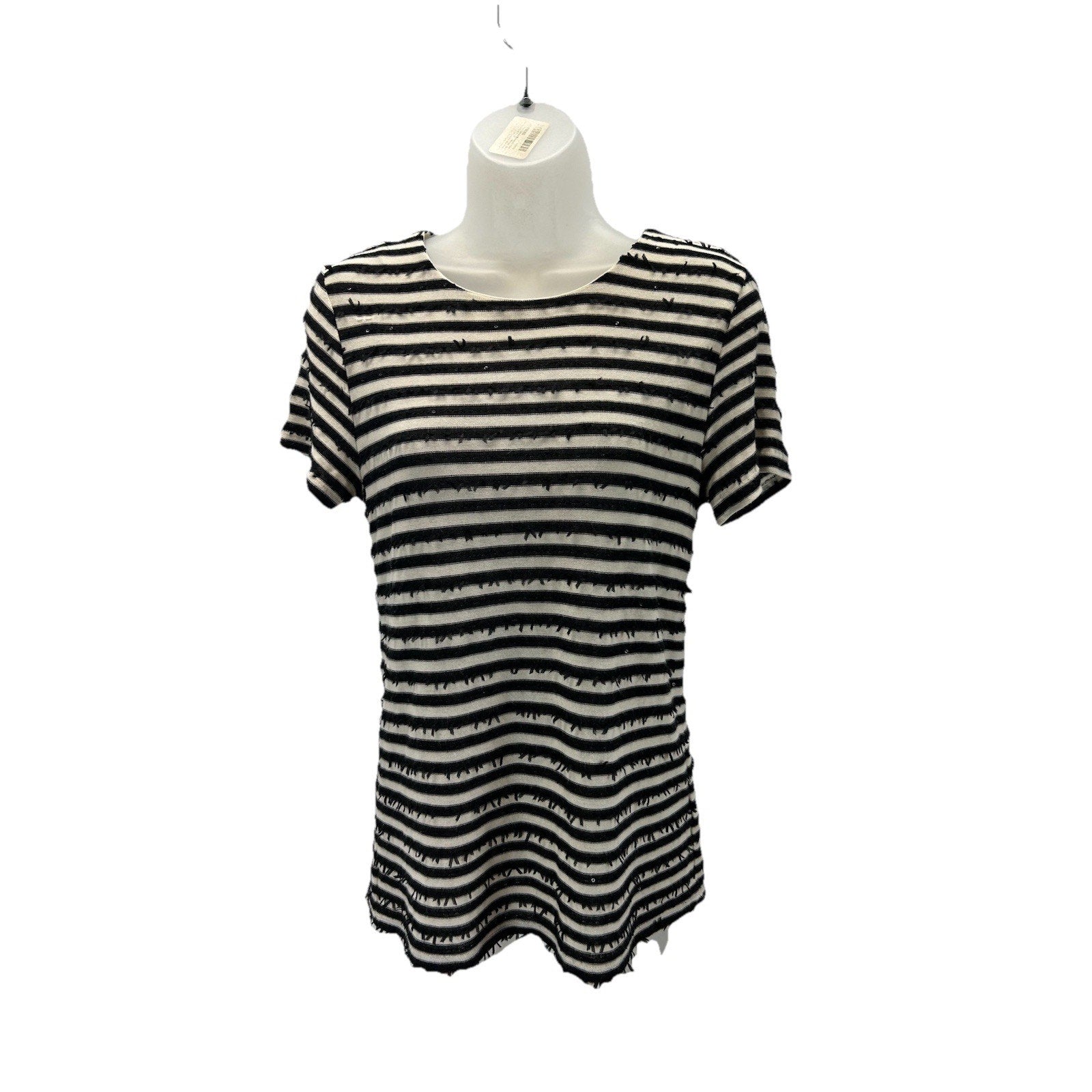 Talbots Womens Black White Striped Shirt Sz Small Short Sleeve Sequins .