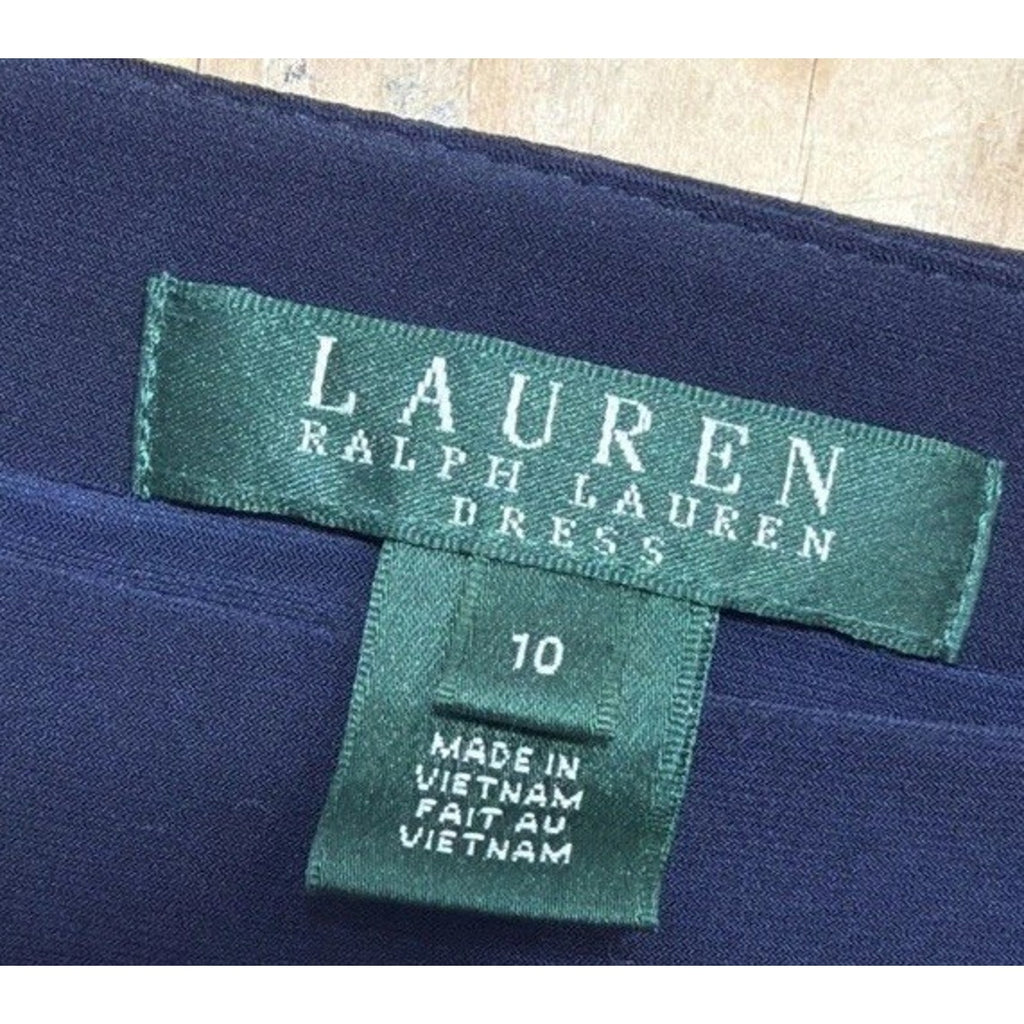 Lauren Ralph Lauren Dress Bodycon Lined Ruched Animal Print Navy/Tan Stretch 10