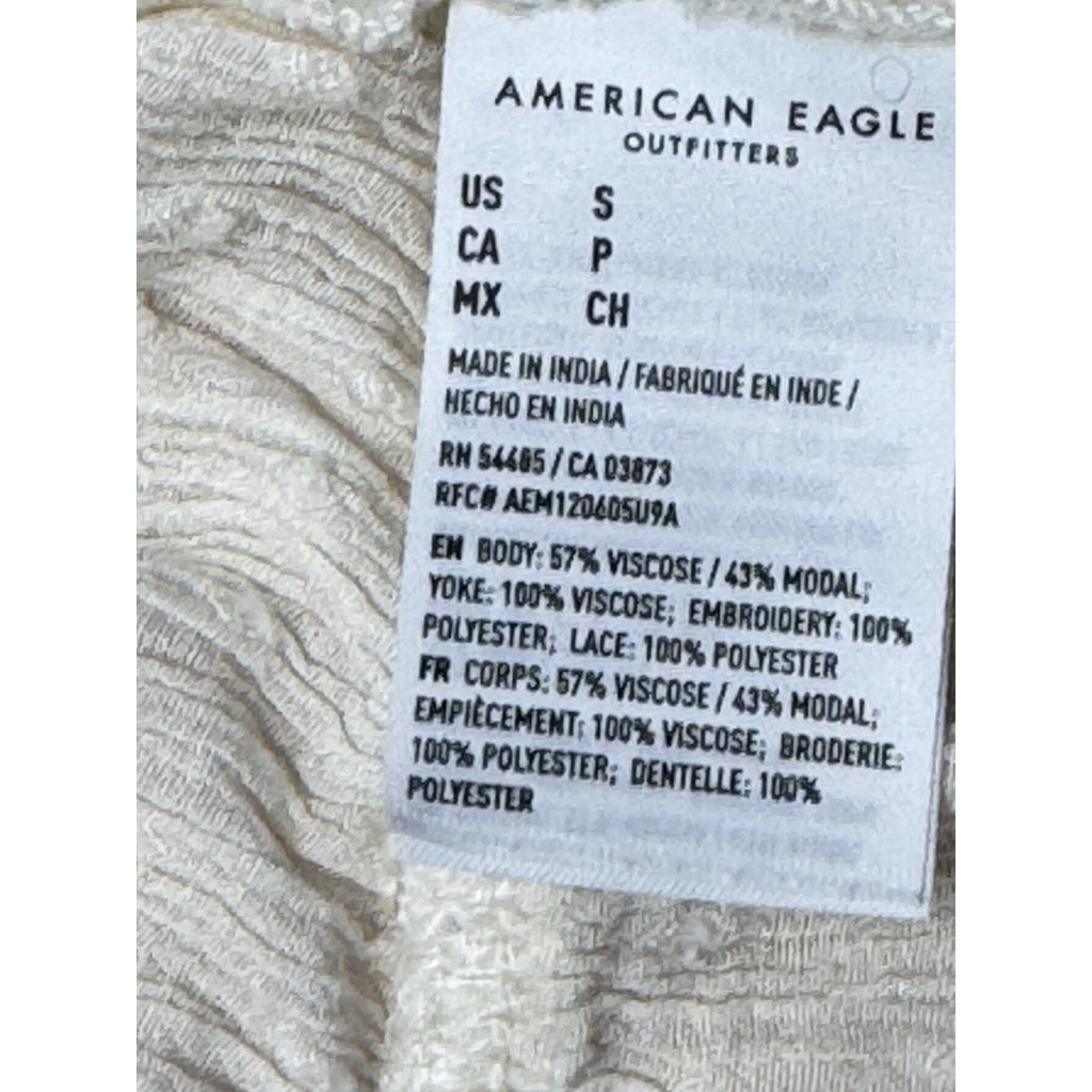 American Eagle Women’s Small Shirt Blouse Top Button Embroidered Cream Ruffle