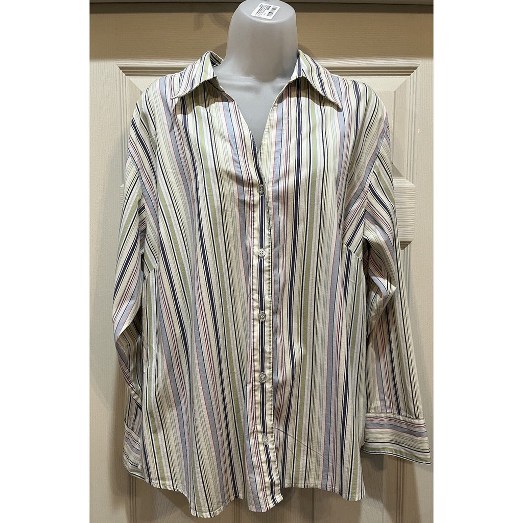 Bill Blass Jeanswear Multi–Blue Green Stripe Button up Women 1X Stretch Vintage