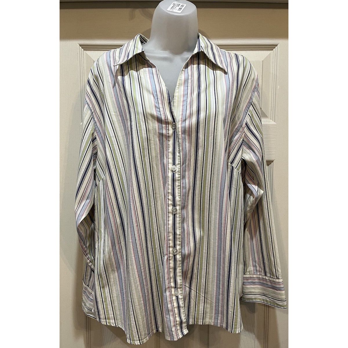 Bill Blass Jeanswear Multi–Blue Green Stripe Button up Women 1X Stretch Vintage
