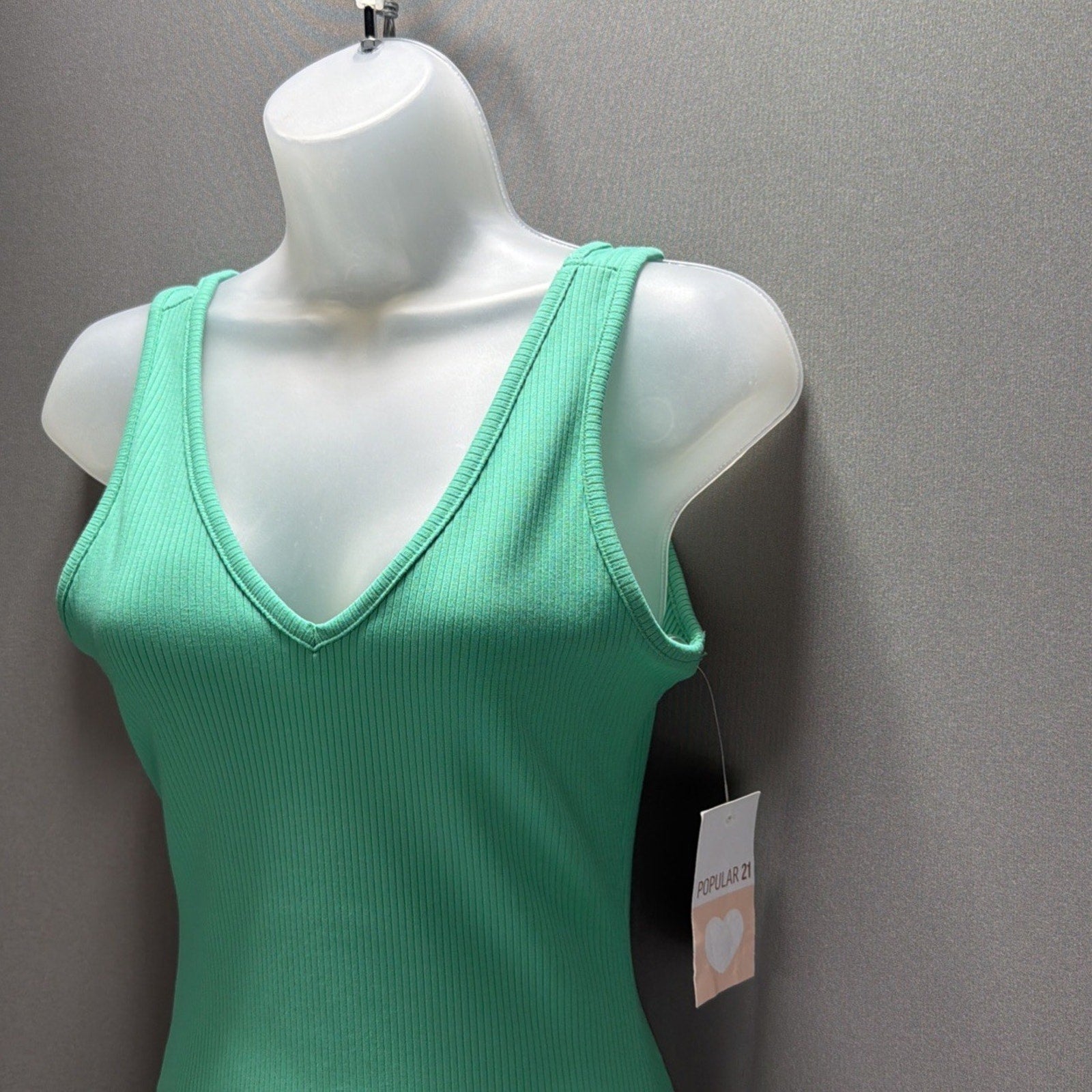 Popular 21 Green Ribbed Knit V Neck Sleeveless Bodycon Mini Dress M Stretch New